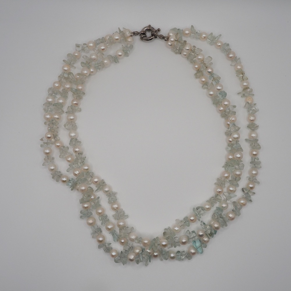 Artisan Multi Strand Necklace White Faux Pearl Glass Chip Statement